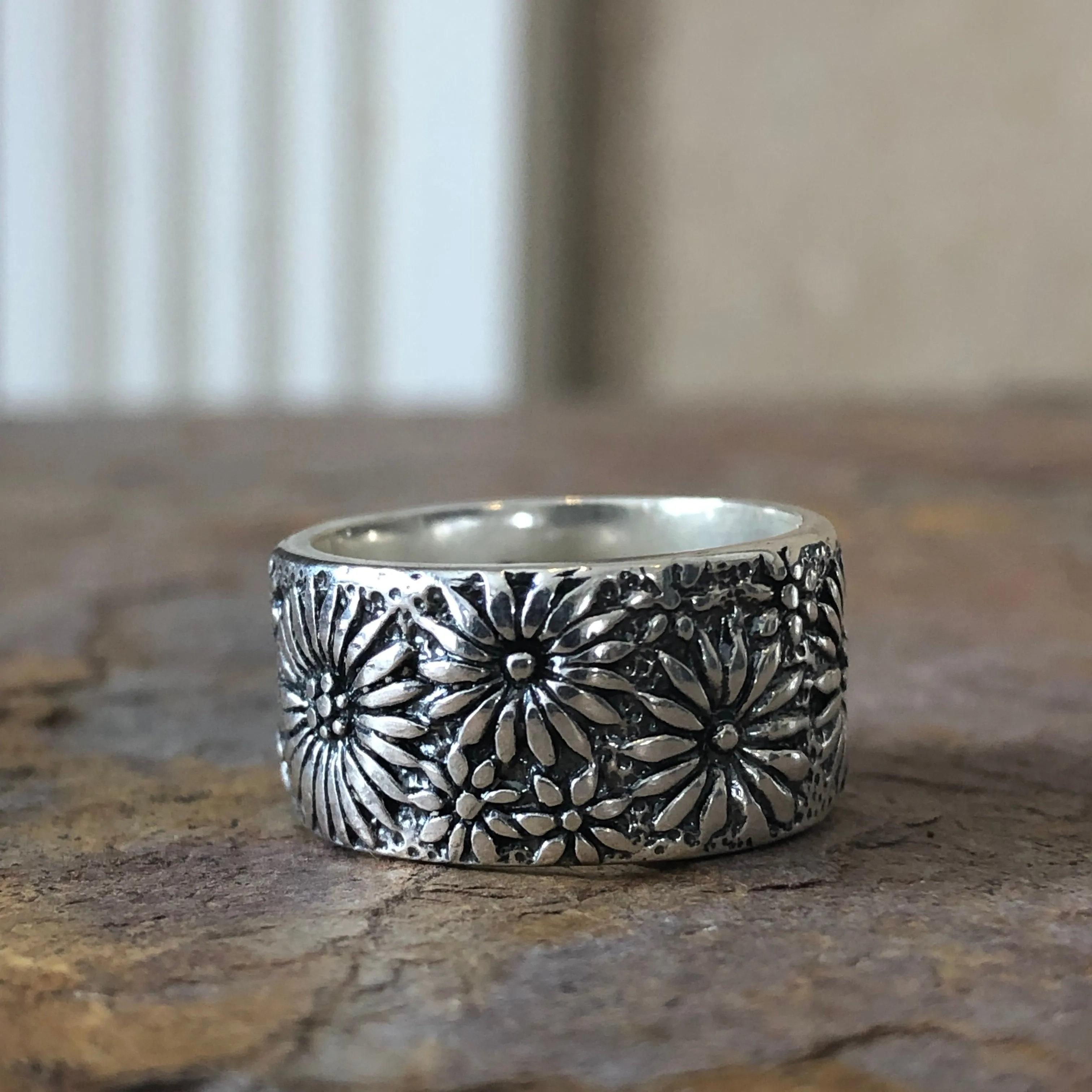 Sterling Silver Floral Cigar Band Ring