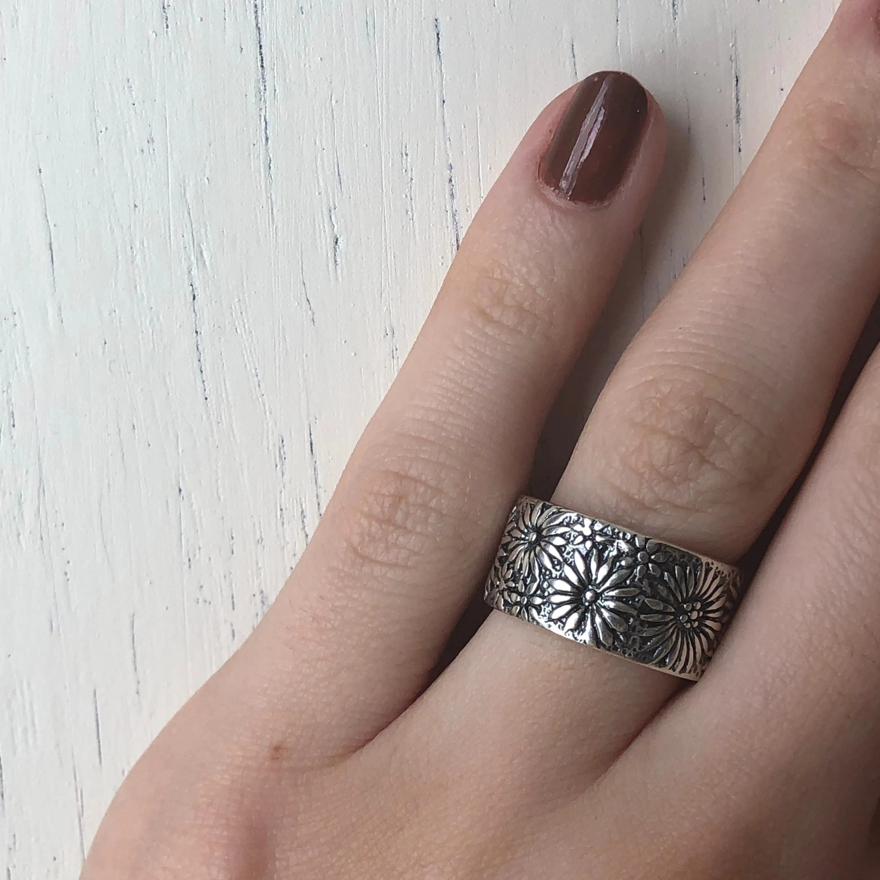 Sterling Silver Floral Cigar Band Ring