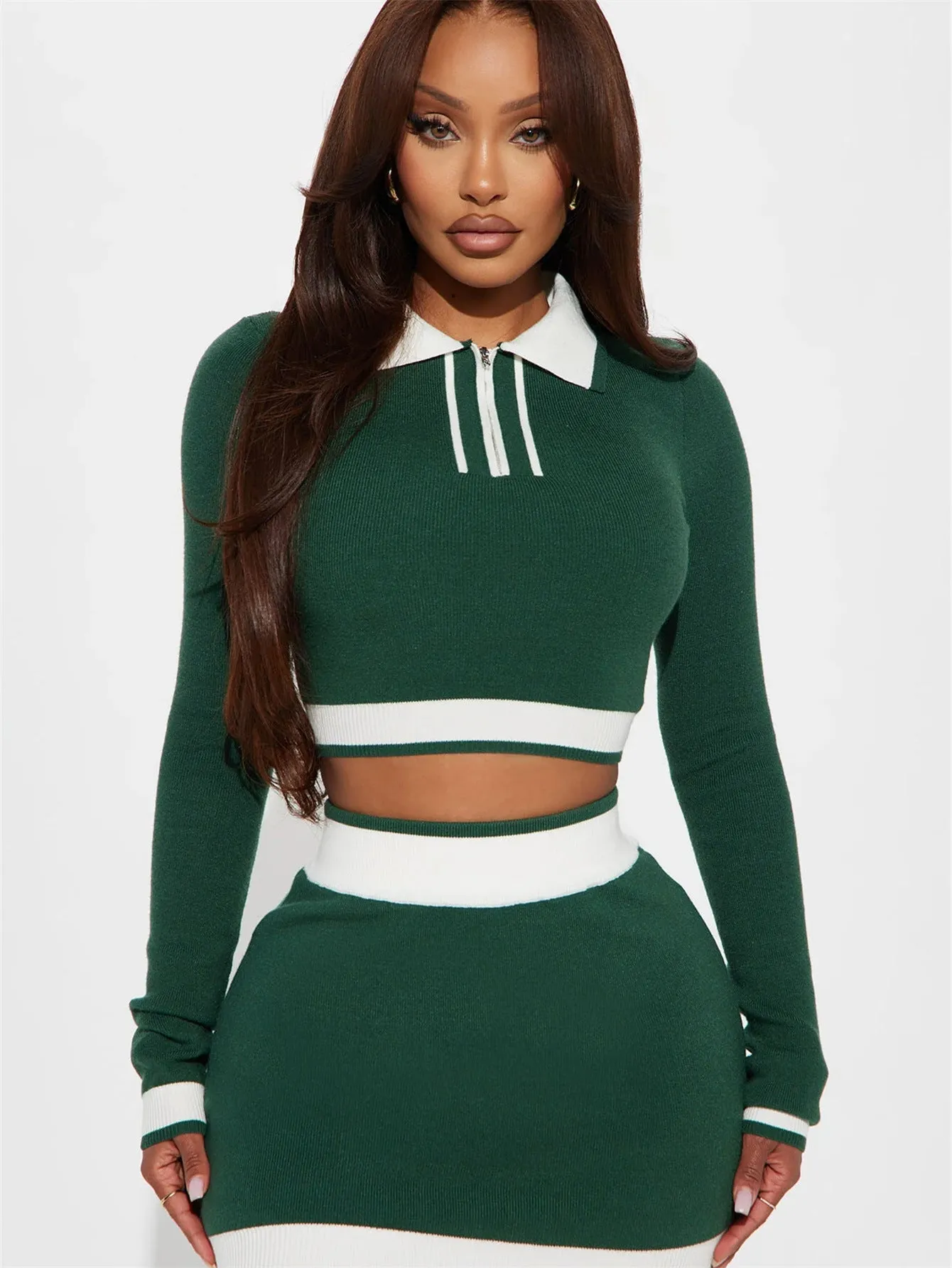 Stylish Contrast Color Two-Piece Set with Bodycon Skirt