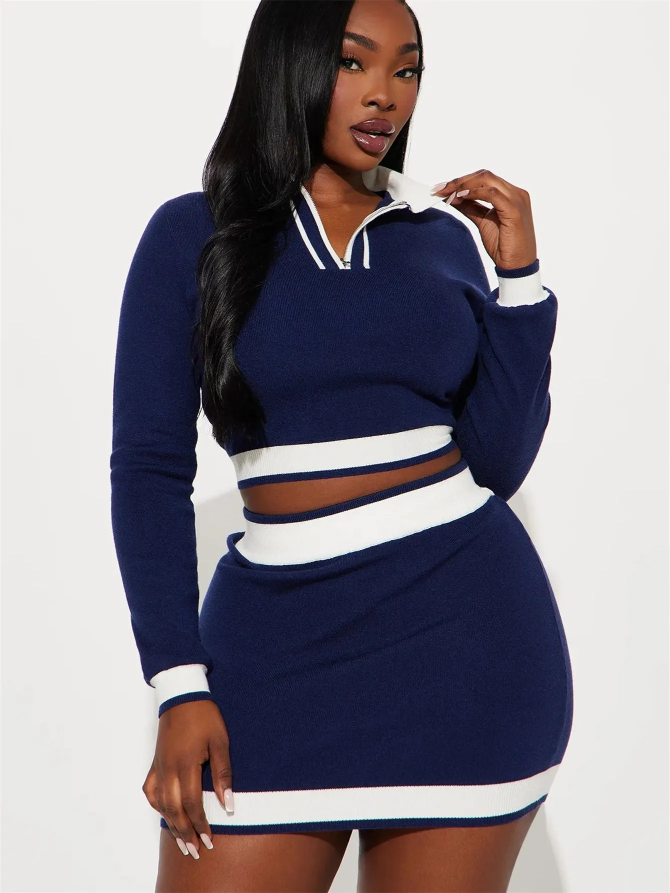 Stylish Contrast Color Two-Piece Set with Bodycon Skirt
