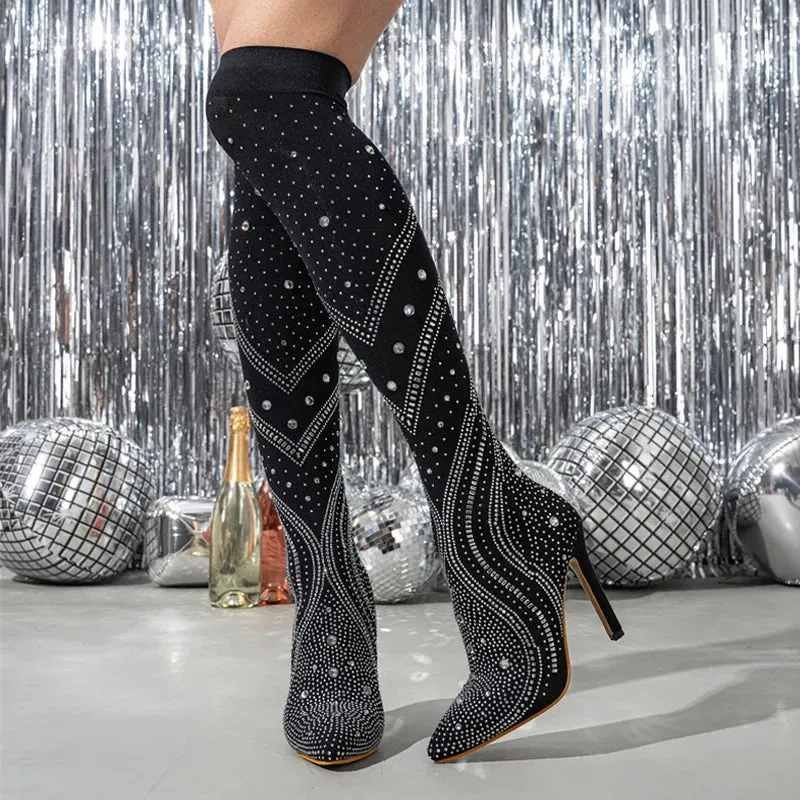 VougeVamp Crystal Rhinestone Stretch Thigh-High Boots - Pointed Toe High Heel Pumps for Women