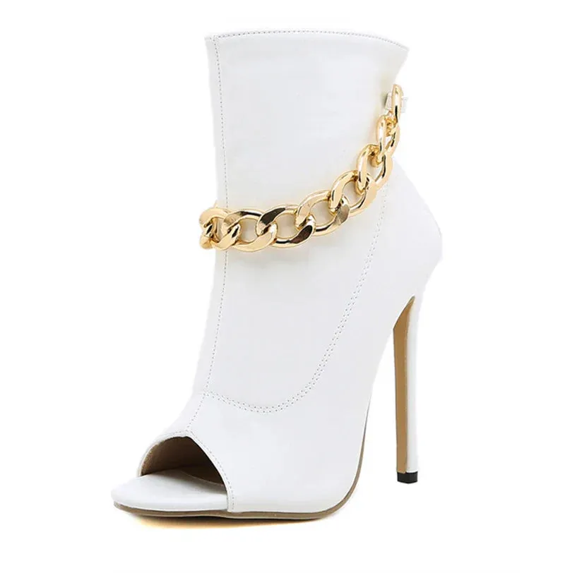 VougeVamp White Leather Ankle Sandal Boots - Peep Toe High Heel Pumps with Metal Chain