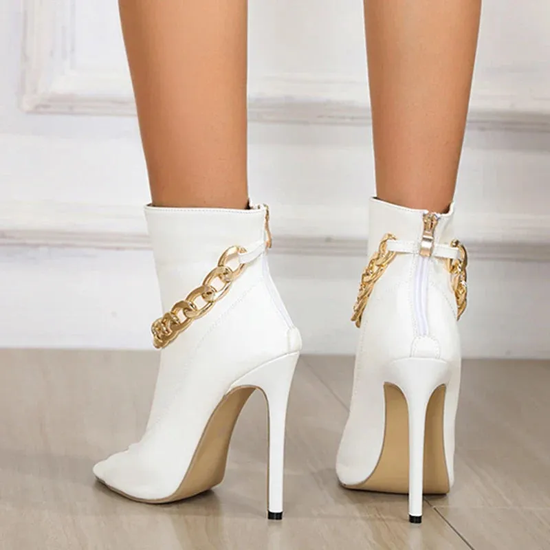 VougeVamp White Leather Ankle Sandal Boots - Peep Toe High Heel Pumps with Metal Chain