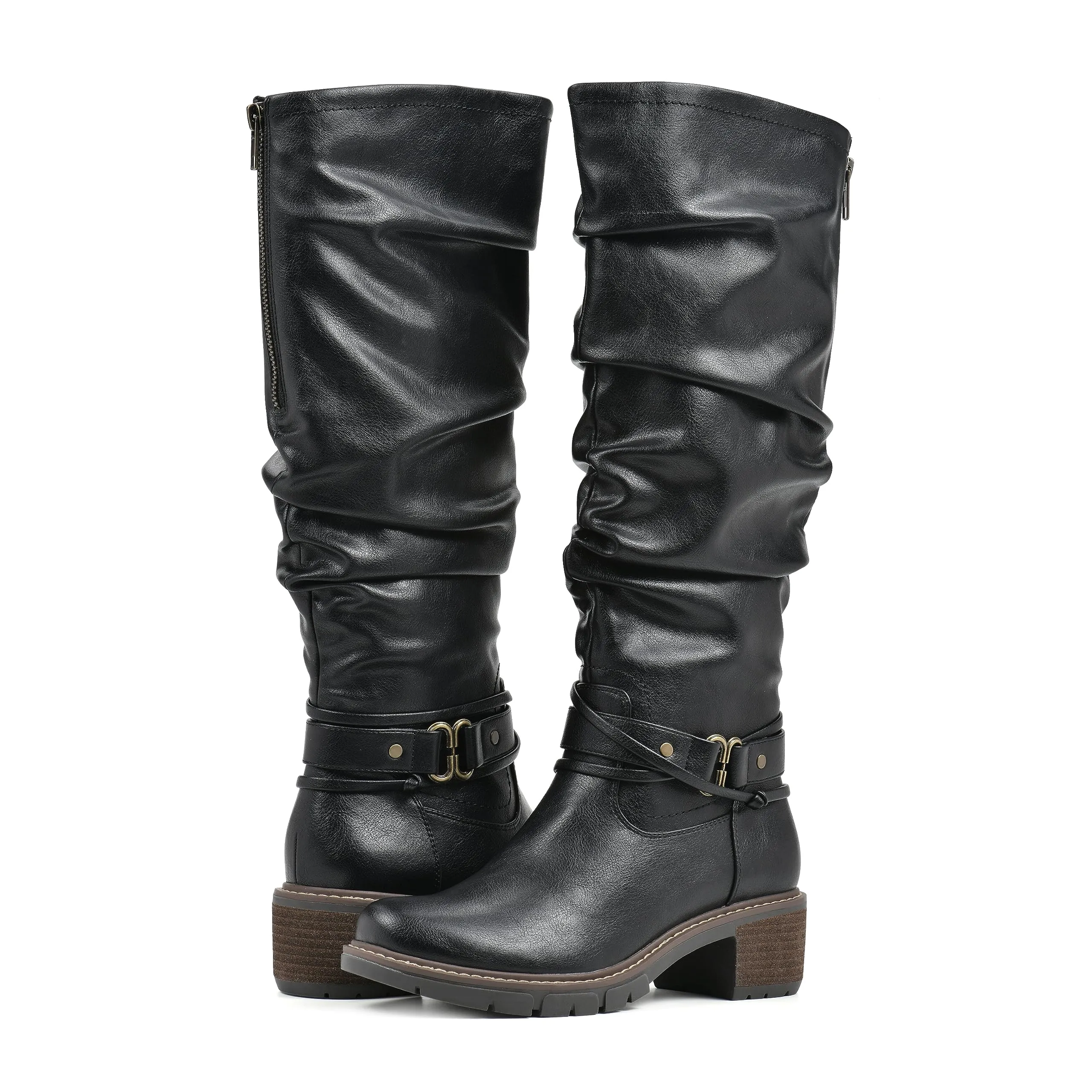 WHITE MOUNTAIN Women's Shoes Crammers Stack-Heeled Tall Boot, Black/Burn/Smooth, 6 M