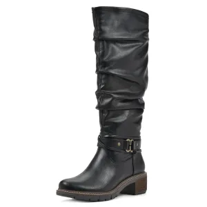WHITE MOUNTAIN Women's Shoes Crammers Stack-Heeled Tall Boot, Black/Burn/Smooth, 6 M