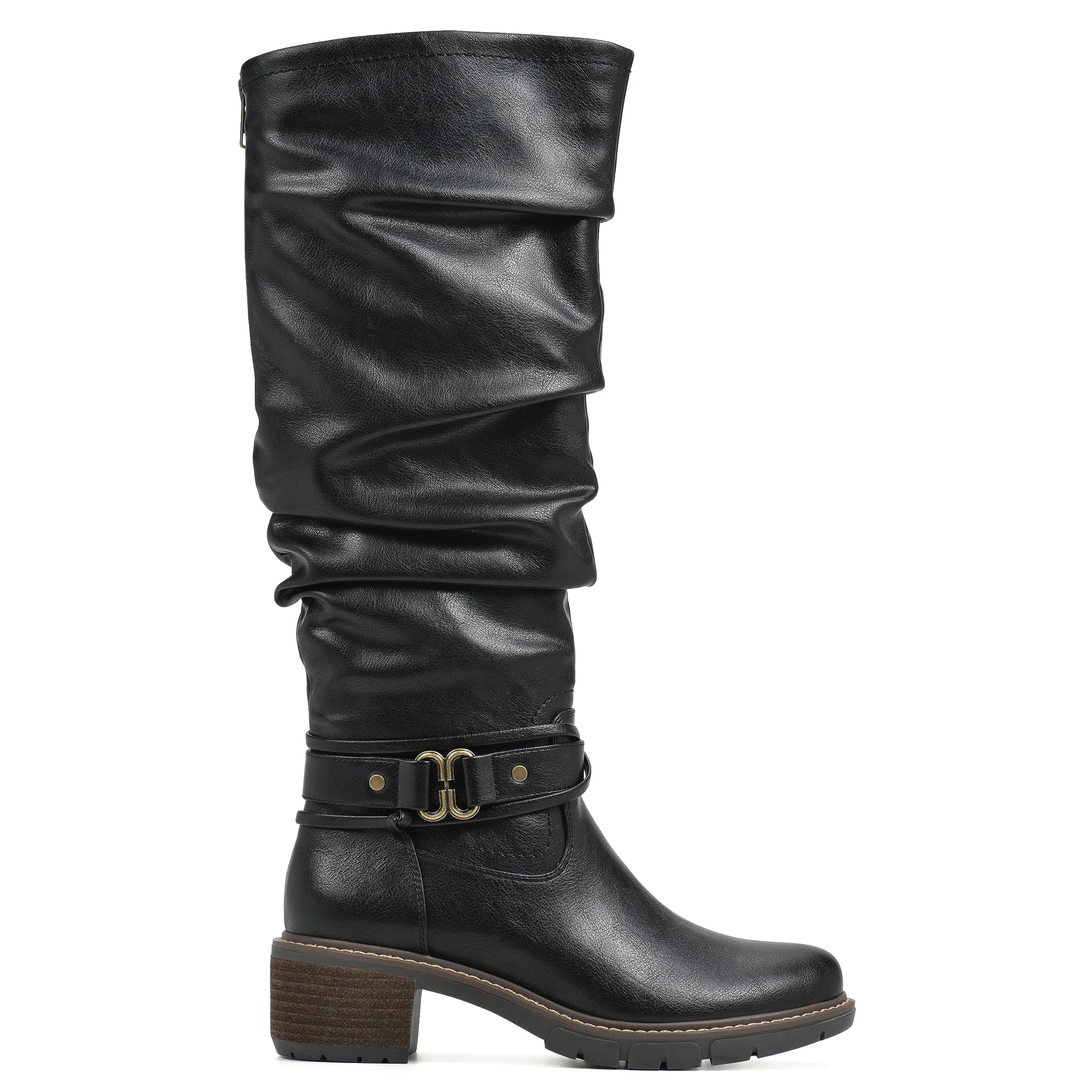 WHITE MOUNTAIN Women's Shoes Crammers Stack-Heeled Tall Boot, Black/Burn/Smooth, 6 M