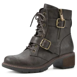 WHITE MOUNTAIN Women's Shoes Crank Block Heel Moto Boot, Dk.Brown/Smooth, 6.5 M