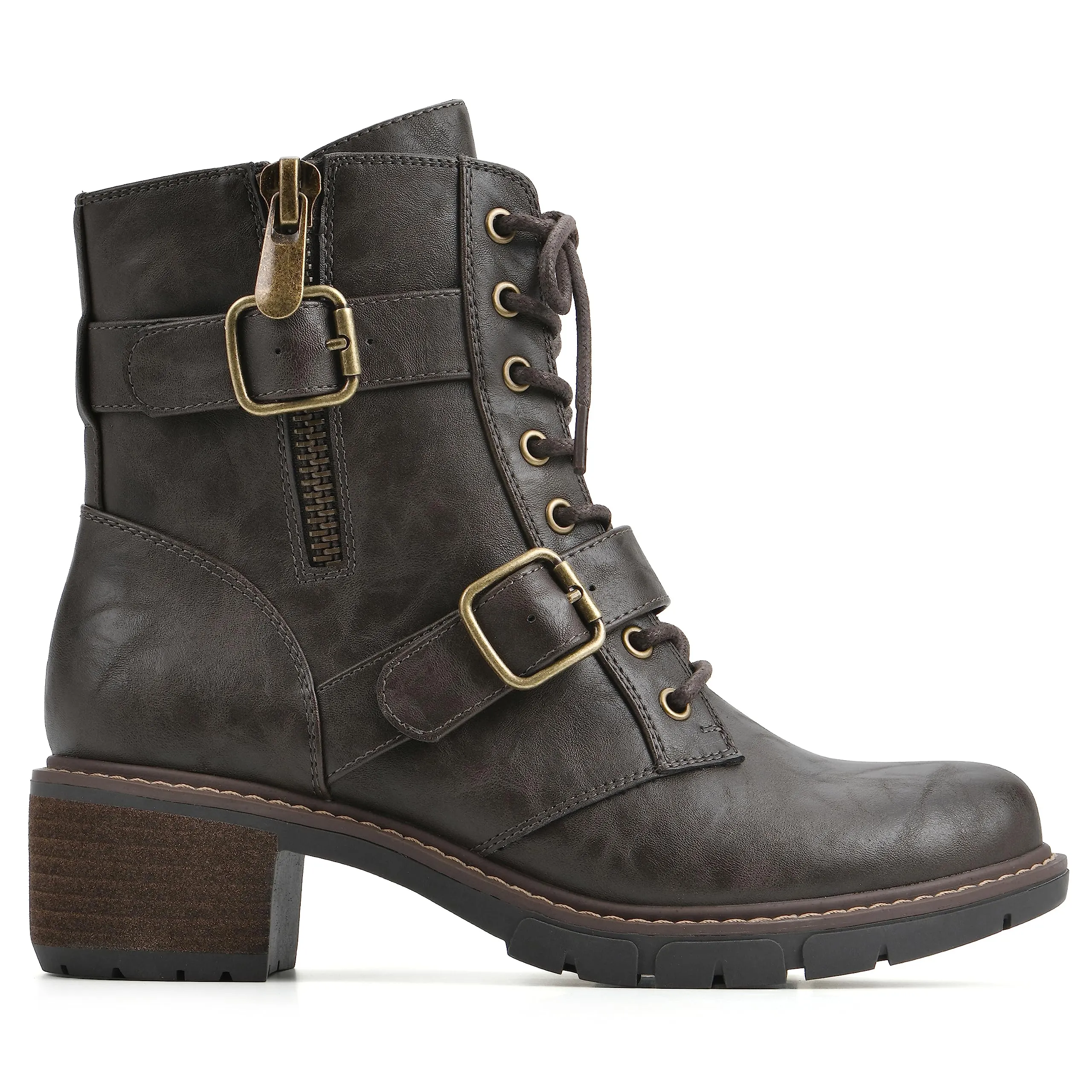 WHITE MOUNTAIN Women's Shoes Crank Block Heel Moto Boot, Dk.Brown/Smooth, 6.5 M