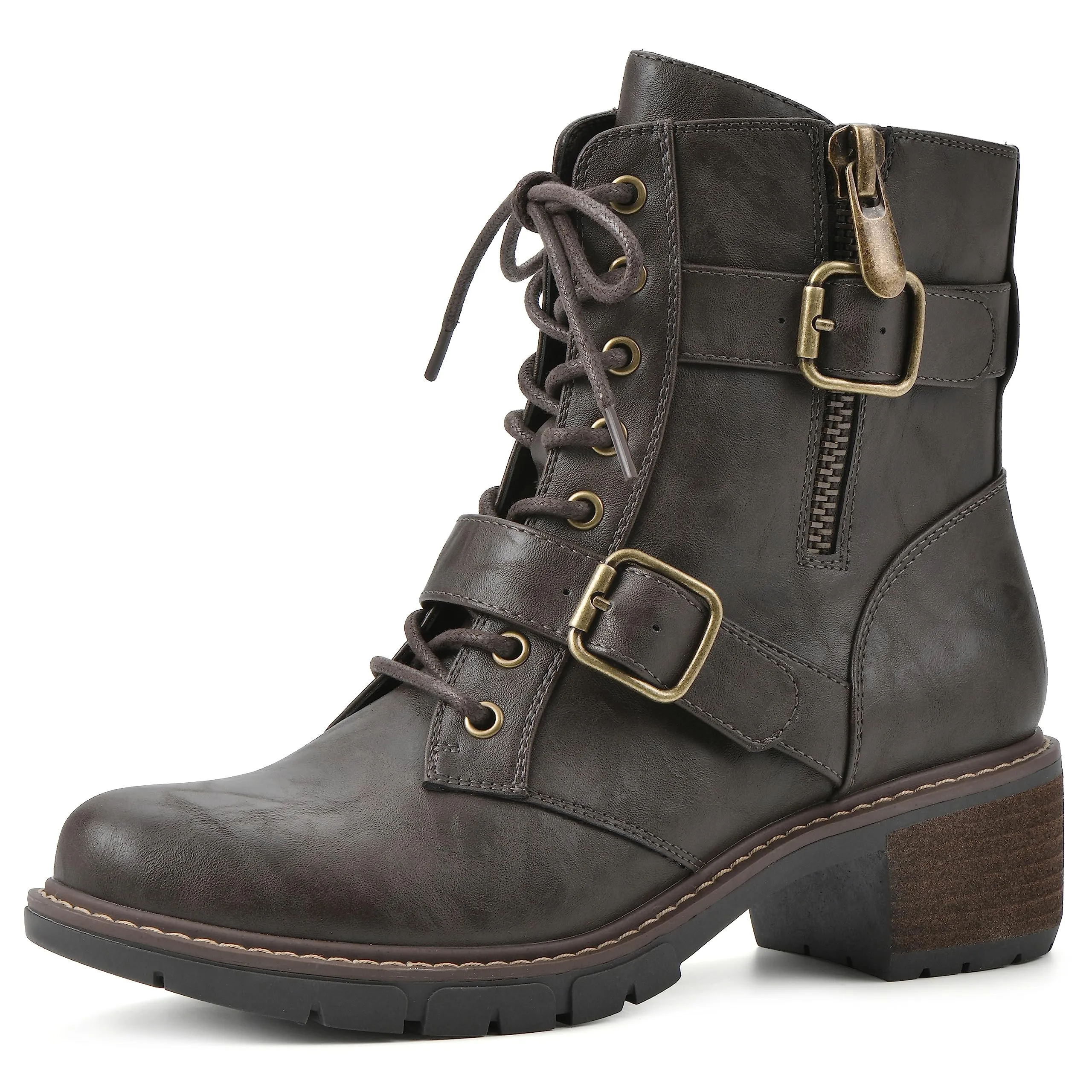 WHITE MOUNTAIN Women's Shoes Crank Block Heel Moto Boot, Dk.Brown/Smooth, 6.5 M