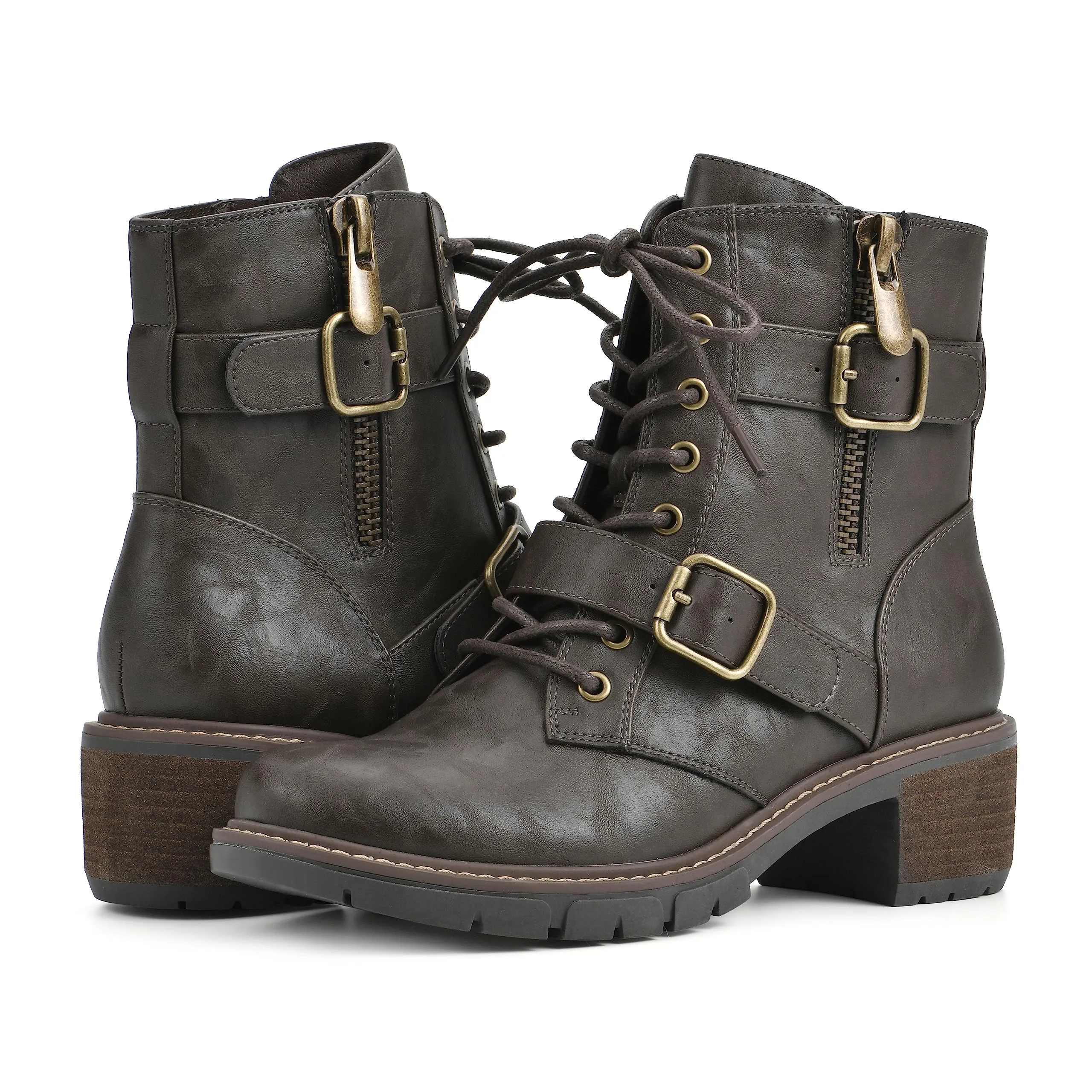 WHITE MOUNTAIN Women's Shoes Crank Block Heel Moto Boot, Dk.Brown/Smooth, 6.5 M